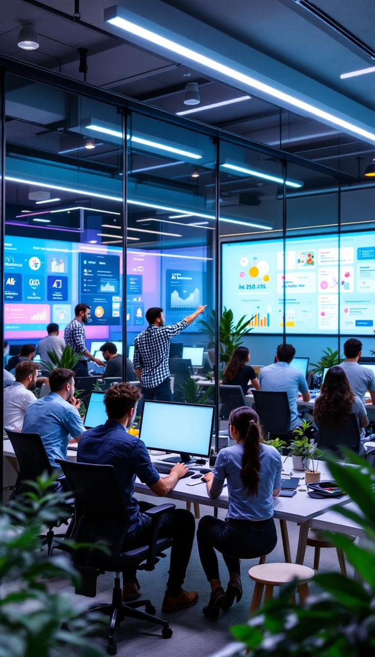 a group of people in a room with computers